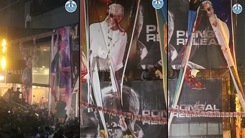 Fans tear banners outside Chennai theatres.