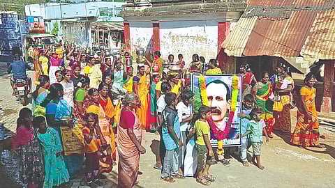 Palarpatty villagers taking out a procession with Col John Pennycuick?s portrait in Theni district on Monday