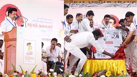 CM Stalin speaking in the inaugural ceremony (left) Stalin inaugurating DMK Youth Wing app.