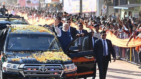 Modi greeted by waving at the crowd, many of whom were seen chanting 'Modi, Modi'
