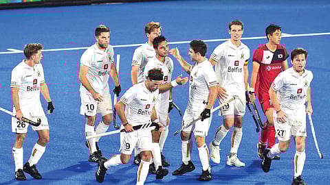Belgium players celebrate after scoring a goal