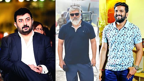 (L to R) Arvind Swami, Ajith and  Santhanam