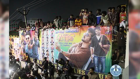 Fans at the Varisu FDFS at Rohini theatre at the early hours of Wednesday, Chennai.