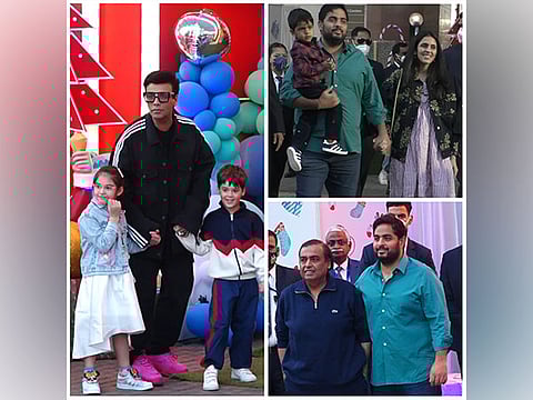 Karan Johar with kids, Akash Ambani with Shloka Mehta and Prithvi, Akash Ambani with Mukesh Ambani.