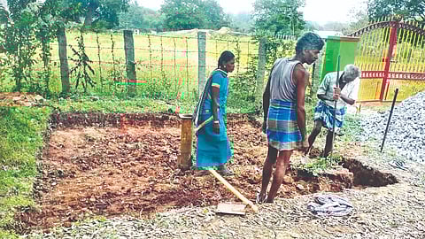 Rain water harvesting works on around a handpump in
Tiruvannamalai district on Friday