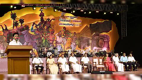 CM Stalin speaking at the inauguration of ?Chennai Sangamam - Namma Ooru Thiruvizha? at island grounds in Chennai.