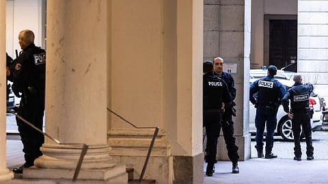 Police officers stand outside the room of the court of appeals after the arriving of the billionaire Kostyantyn Zhevago, in Chambery, France