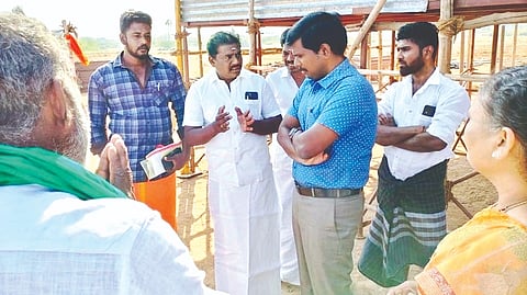 Collector M Pradeep Kumar inspecting the preparations for jallikattu event
at Periya Suriyur in Tiruchy on Tuesday