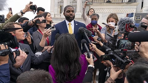 Rep. Byron Donalds, R-Fla., who has been nominated for Speaker of the House, speaks to members of the media on the House steps, Wednesday, Jan. 4, 2023, on Capitol Hill in Washington.
