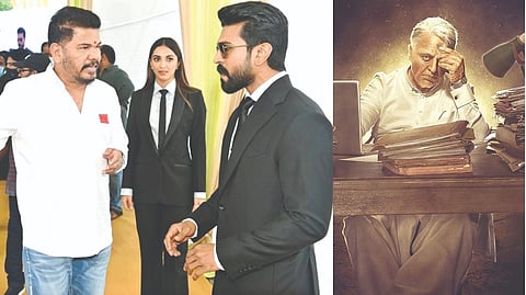 (L) Director Shankar and Ram Charan (R) Kamal in Indian 2