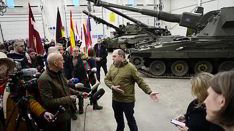 Britain's Defence Secretary Ben Wallace speaks to the media during his visit to the Tapa Military Camp, in Estonia.