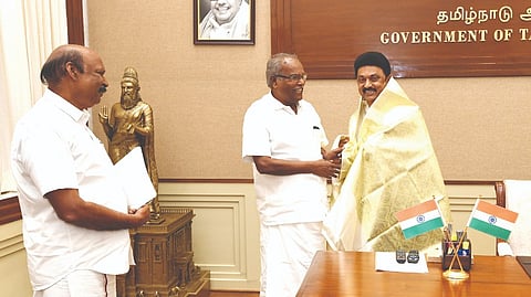 CPM state secretary K Balakrishnan with Chief Minister Stalin in Chennai on Saturday