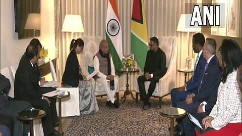 President of Guyana Mohamed Irfaan Ali meets Agriculture minister Narendra Singh Tomar