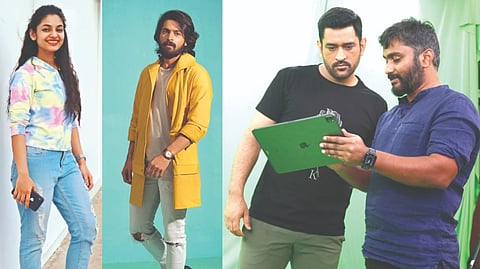 (From L to R) Ivana, Harish Kalyan, MS Dhoni with Ramesh Thamilmani