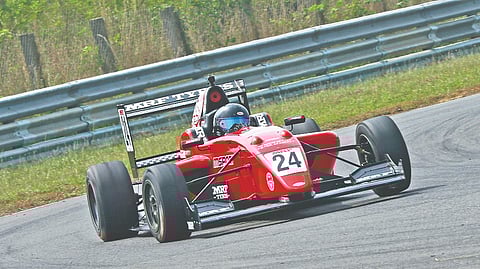 Sohil Shah en route to victory in the MRF Formula 2000 race on
Saturday. It was his second win of the season.