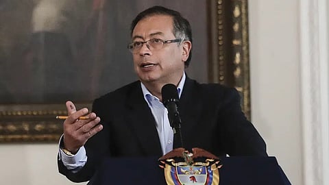 Colombian President Gustavo Petro speaks on the 100th day of his administration at the Narino Palace presidential office in Bogota.