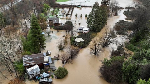 The view from a drone of flooded properties after rainstorms swelled Scotts Creek in Upper Lake, California, U.S.