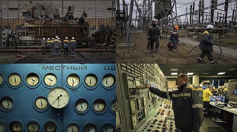 Power plant workers arrive to repair damages after a Russian attack in central Ukraine