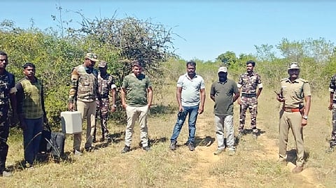 Forest department staff involved in search operation of
crop-raiding jumbo Karuppan in Sathyamangalam on Thursday