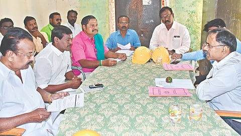 Mayiladuthurai Collector AP Mahabharathi interacting with the farmers after inspecting the NPKRR mill at Thalainayar on Friday