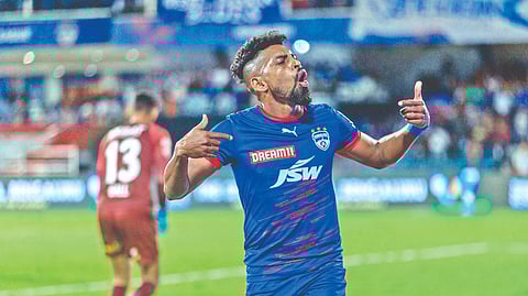 Roy Krishna celebrates after
scoring the winning goal