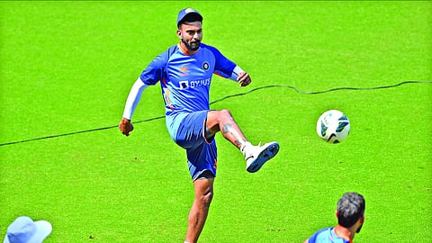KL Rahul enjoys a game
of football during a
training session