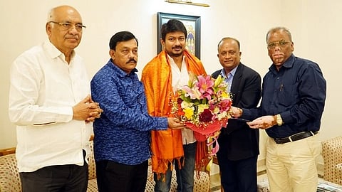 Udhayanidhi Stalin being welcomed at Delhi on Monday