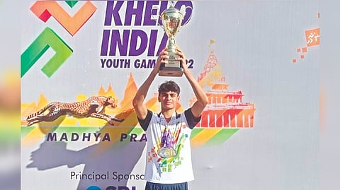 Vedaant with his trophy and medals at Khelo India Youth Games 2023