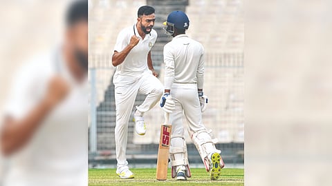 Jaydev Unadkat celebrates the wicket of a Bengal batter