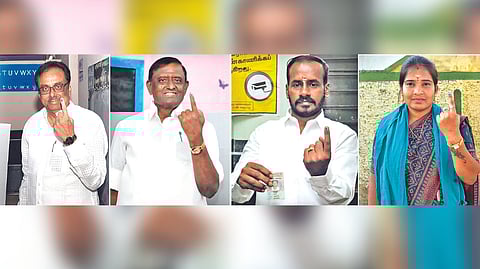 (From left) AIADMK?s KS Thennarasu, DMDK candidate S Anand and NTK?s Menaka Navaneethan after casting their votes in Erode on Monday