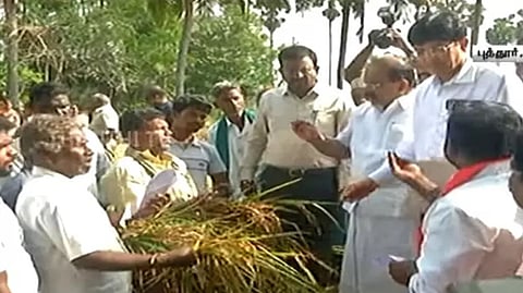 Minister R Sakkarapani with his team inspecting the samba paddy crops affected by rains in Budalur.
