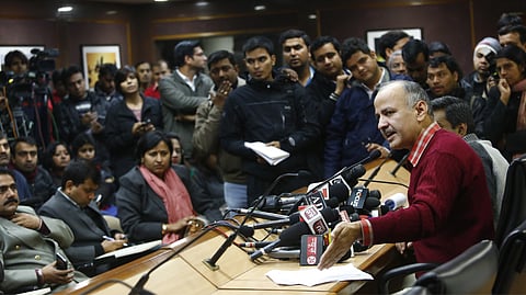 Delhi's Urban Development Minister and Aam Aadmi Party (AAP) leader Manish Sisodia speaks during a news conference in New Delhi January 17, 2014.