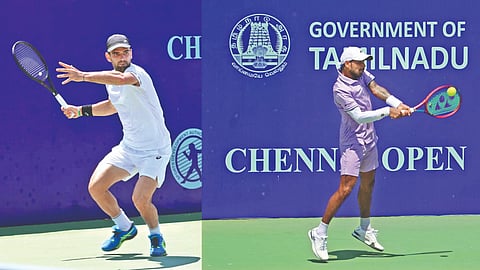 (L-R): Nicolas Moreno De Alboran ; Sumit Nagal in
semi-final action
on Saturday