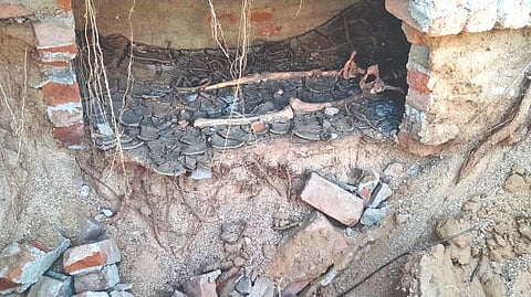 Skeletons of dead buried long ago exposed due to rampant sand mining on Palar at Somalapuram village in Tirupattur district