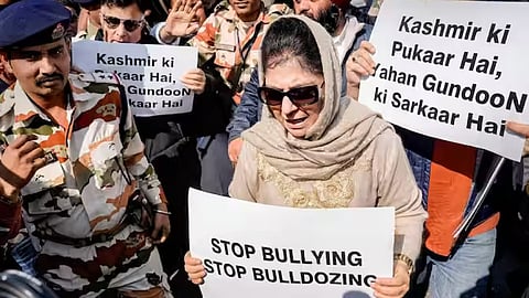 PDP chief Mehbooba Mufti during the protest in Delhi against J&K's anti encroachment drive