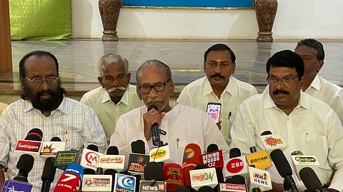 Tamil Desiya Munnani president, Pazha Nedumaran speaking to reporters in Thanjavur