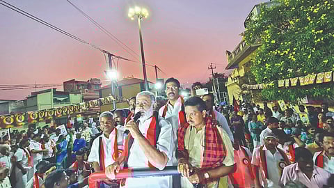 Minister for Cooperation I Periyasamy campaigning in Erode East on Friday