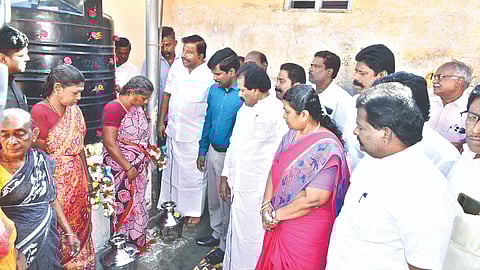 Minister KN Nehru inaugurating a drinking water supply tank in Tiruchy on Monday