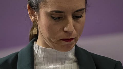 Spain's Equality Minister Irene Montero looks down during a press conference after an emergency meeting for a worrying surge of gender violence in Madrid, Spain.