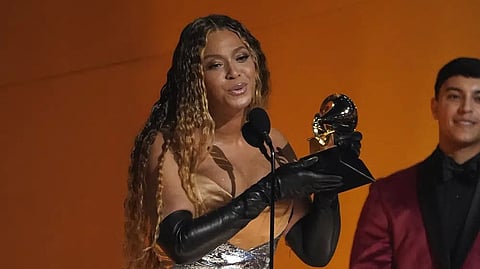 Beyonce accepts the award for best dance/electronic music album for "Renaissance" at the 65th annual Grammy Awards.
