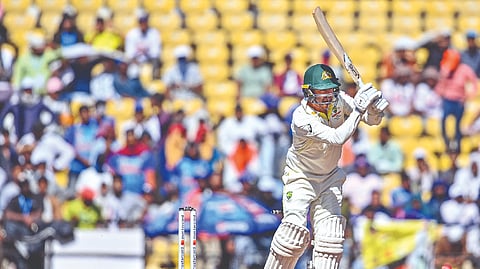 Nathan Lyon is bowled by India?s Mohammed Shami