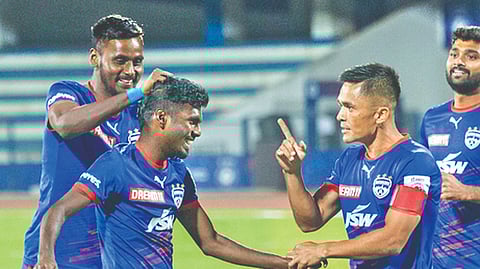 N Sivasakthi of Bengaluru FC celebrates after scoring a goal