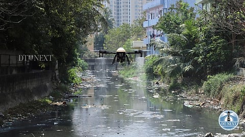 The GCC staff members sprayed Larvicides, a type of insecticide, using drones to control the increase in mosquito problems in the city.