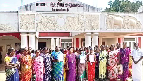 Tirukazhukundram women who came with their petition to Chengalpattu Collectorate on Wednesday