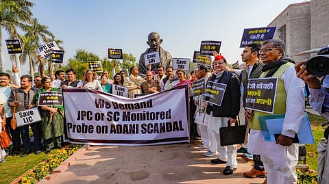 Opposition MPs demanding a Joint Parliamentary Committee (JPC) probe into the Adani issue.