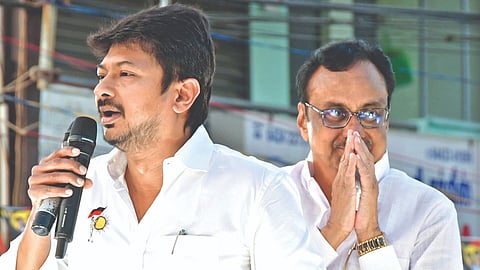 Minister Udhayanidhi Stalin campaigning for Congress candidate EVKS Elangovan in Erode on Tuesday