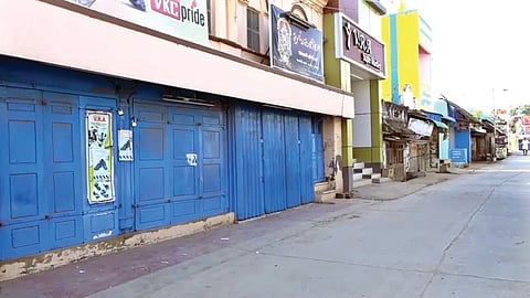 Shops remain closed at Kadambur in Thoothukudi district on Tuesday