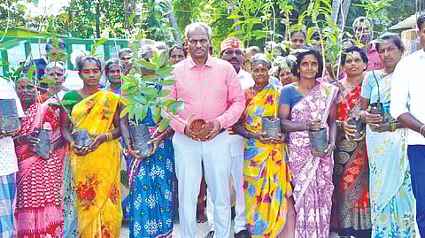 Former Ranipet Collector Baskara Pandian distributing saplings hours before handing over charge on Sunday
