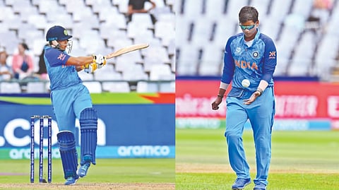 (L-R): Richa Ghosh
plays a shot ; Deepti Sharma