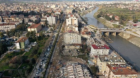 An aerial view shows collapsed and damaged buildings following an earthquake in Hatay, Turkey February 7, 2023.
